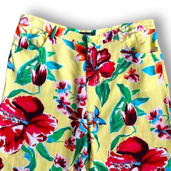 LAUREN Ralph Lauren Womens Linen Pants Plus Sz 18W Yellow Tropical Floral Ankle - Picture 4 of 7